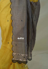 Lemon Yellow with Scallop - Pragathi - Linen Cotton Saree Mirror Work with Stripes Prints in Pallu and Blouse - Best for Office Wear | Casual Wear
