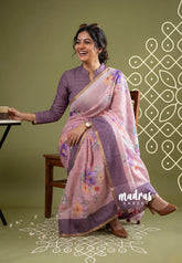 Muted Onion Pink - Pragath - Linen Cotton Saree with Floral Prints - Perfect for Office Wear | Summer wear | Casual Wear