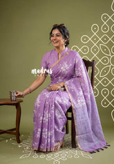 Lilac Purple - Pragath - Linen Cotton Saree with Floral Prints - Perfect for Office Wear | Summer wear | Casual Wear