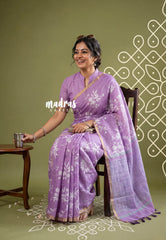 Lilac Purple - Pragath - Linen Cotton Saree with Floral Prints - Perfect for Office Wear | Summer wear | Casual Wear