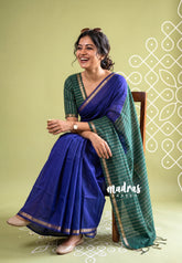 MS Blue - Maheswari - Premium lightweight cotton silk with contrast pallu and blouse