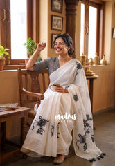White Grace - Pragath - Linen Cotton Saree with Floral Prints - Perfect for Office Wear | Summer wear | Casual Wear