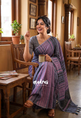 Muted Lilac - Pragath - Linen Cotton Saree with Modern Stipes - Perfect for Office Wear | Summer wear | Casual Wear