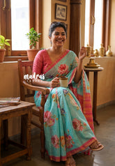 Aqua Green - Pragath - Linen Cotton Saree with Floral Prints - Perfect for Office Wear | Summer wear | Casual Wear