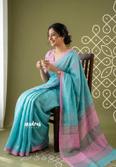 Aqua Blue - Pragathi - Linen Cotton Saree with Buttas Contrast Pallu and Blouse - Best for Office Wear | Casual Wear