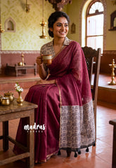 Muted Beet Pink - Linen Cotton Saree Plain Body with transcript blouse - Best for Office Wear | Casual Wear