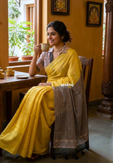 Lemon Yellow - Pragathi - Linen Cotton Saree with Stripes Prints in Pallu and Blouse - Best for Office Wear | Casual Wear