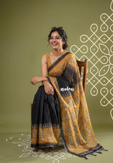 Ebony Black - Pragathi - Linen Cotton Saree with Jaipur Prints - Best for Office Wear | Casual Wear