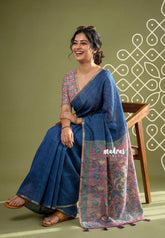 Indigo Blue - Pragathi - Linen Cotton Saree with Kalamkari Pallu and Blouse - Best for Office Wear | Casual Wear