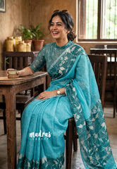 Cyan Blue - Pragathi - Linen Cotton Saree Big Border with Floral Prints - Best for Office Wear | Casual Wear