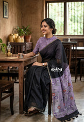Jet Black - Pragathi - Linen Cotton Saree with Floral Prints Pallu and Blouse - Best for Office Wear | Casual Wear