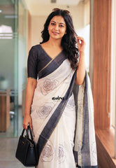 Ivory White - Pragathi - Linen Cotton Saree with Big Rose Prints - Best for Office Wear | Casual Wear