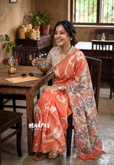 Carrot Peach - Soft linen cotton saree with Shibori Pritns