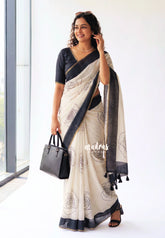 Ivory White - Pragathi - Linen Cotton Saree with Big Rose Prints - Best for Office Wear | Casual Wear