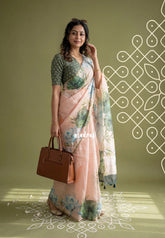 Peach Glow - Pragathi - Linen Cotton Saree with Big Rose Prints - Best for Office Wear | Casual Wear
