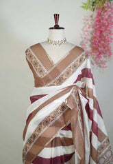 Muted Coco Brown - Pragathi - Linen Cotton Saree with Horizontal Stripes Prints - Perfect for Office Wear | Casual Wear