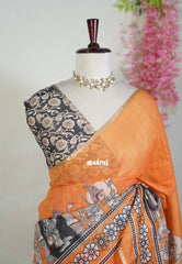 Yellowish Orange - Pragathi - Linen Cotton Saree with Kalahasthi Prints - Perfect for Office Wear | Casual Wear