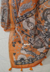 Yellowish Orange - Pragathi - Linen Cotton Saree with Kalahasthi Prints - Perfect for Office Wear | Casual Wear