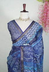 Indigo Blue - Pragathi - Linen Cotton Saree with Dancing Doll Prints - Perfect for Office Wear | Casual Wear