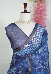 Indigo Blue - Pragathi - Linen Cotton Saree with Dancing Doll Prints - Perfect for Office Wear | Casual Wear