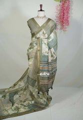 Muted Sage Green - Pragathi - Linen Cotton Saree with Floral Prints - Perfect for Office Wear | Casual Wear
