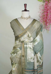 Muted Sage Green - Pragathi - Linen Cotton Saree with Floral Prints - Perfect for Office Wear | Casual Wear