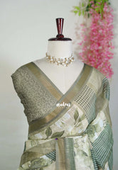 Muted Sage Green - Pragathi - Linen Cotton Saree with Floral Prints - Perfect for Office Wear | Casual Wear