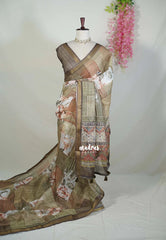 Olive Beige - Pragathi - Linen Cotton Saree with Digital Prints - Perfect for Office Wear | Casual Wear