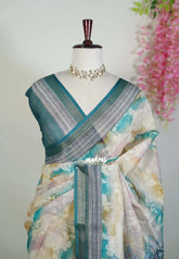 Multicolor Pastel Beige - Pragathi - Linen Cotton Saree with Floral Prints - Perfect for Office Wear | Casual Wear