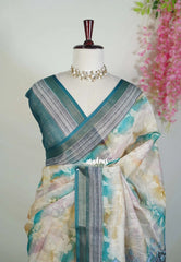 Multicolor Pastel Beige - Pragathi - Linen Cotton Saree with Floral Prints - Perfect for Office Wear | Casual Wear