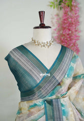 Multicolor Pastel Beige - Pragathi - Linen Cotton Saree with Floral Prints - Perfect for Office Wear | Casual Wear