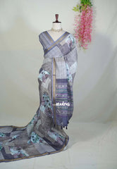 Misty Lavender - Pragathi - Linen Cotton Saree with Watercolour Floral Prints - Perfect for Office Wear | Casual Wear