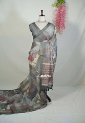 Smoky Grey - Pragathi - Linen Cotton Saree with Vintage Floral Checks - Perfect for Office Wear | Casual Wear