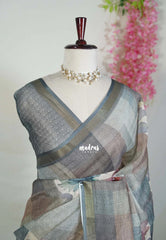 Smoky Grey - Pragathi - Linen Cotton Saree with Vintage Floral Checks - Perfect for Office Wear | Casual Wear