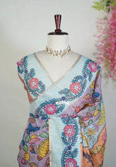 Muted Lilac - Pragathi - Linen Cotton Saree with Floral Prints - Perfect for Office Wear | Casual Wear