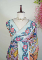 Muted Lilac - Pragathi - Linen Cotton Saree with Floral Prints - Perfect for Office Wear | Casual Wear