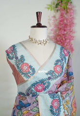 Muted Lilac - Pragathi - Linen Cotton Saree with Floral Prints - Perfect for Office Wear | Casual Wear