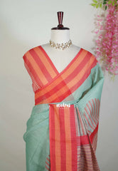 Seaforam Green - Pragathi - Linen Cotton Saree with Contrast Pallu and Blouse - Perfect for Office Wear | Casual Wear