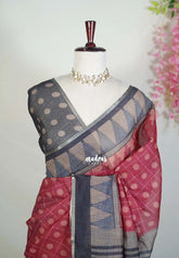Majestic Maroon - Pragathi - Linen Cotton Saree with Checks and Buttas Prints - Perfect for Office Wear | Casual Wear