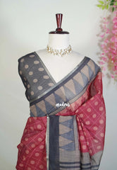 Majestic Maroon - Pragathi - Linen Cotton Saree with Checks and Buttas Prints - Perfect for Office Wear | Casual Wear