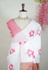 Coconut Cream White - Pragathi - Linen Cotton Saree with Lotus Prints - Perfect for Office Wear | Casual Wear