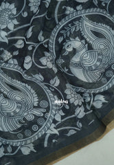 Nightfall Black - Pragathi - Linen Cotton Saree Floral and Peacock Kalamkari Prints with Tiny Border - Perfect for Office Wear | Summer wear | Casual Wear