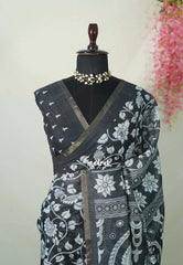 Nightfall Black - Pragathi - Linen Cotton Saree Floral and Peacock Kalamkari Prints with Tiny Border - Perfect for Office Wear | Summer wear | Casual Wear