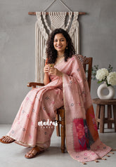 Earthy Peach - Pragathi - Linen Cotton Saree with Flower Prints - Perfect for Office Wear | Casual Wear