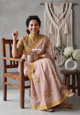Sand Brown - Pragathi - Linen Cotton Saree with Flower Prints and Contrast Blouse - Perfect for Office Wear | Casual Wear