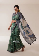 Forest Green - Pragathi - Linen Cotton Saree with Digital Prints and Contrast Blouse - Perfect for Office Wear | Casual Wear