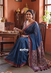 Marine Blue - Pragathi - Linen Cotton Saree with Kalamkari Floral Prints Pallu and Blouse - Perfect for Office Wear | Casual Wear