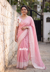 Strawberry Milk Pink - Pragathi - Linen Cotton Saree with Floral Blouse - Perfect for Office Wear | Casual Wear