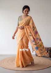 Melon Yellow - Pragathi - Linen Cotton Saree with Flower Prints - Perfect for Office Wear | Casual Wear