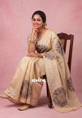 Pale Gold - ANJALI - Soft Tissue linen Saree Embroidery with Scallop - Perfect for Festive Wear